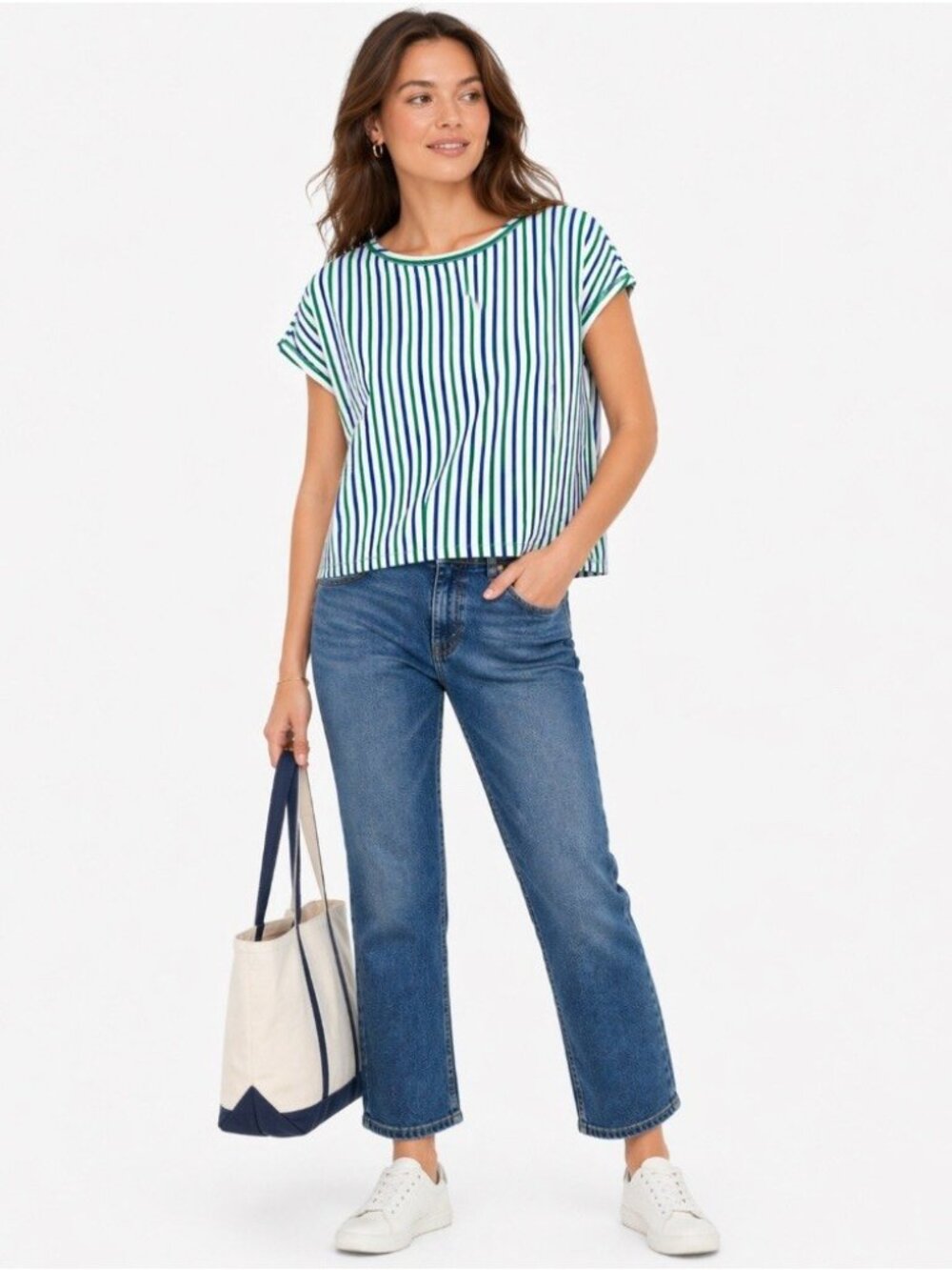 T By Talbots L Green Blue Striped Boxy Top Shirt  Ribbed Size Large